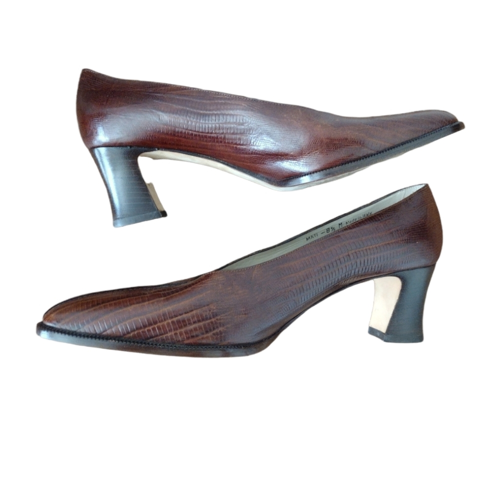 BALLY MATI 90'S Penny Brown Almond Toe Reptile Leather Pumps Size 8.5 M - Picture 4 of 8
